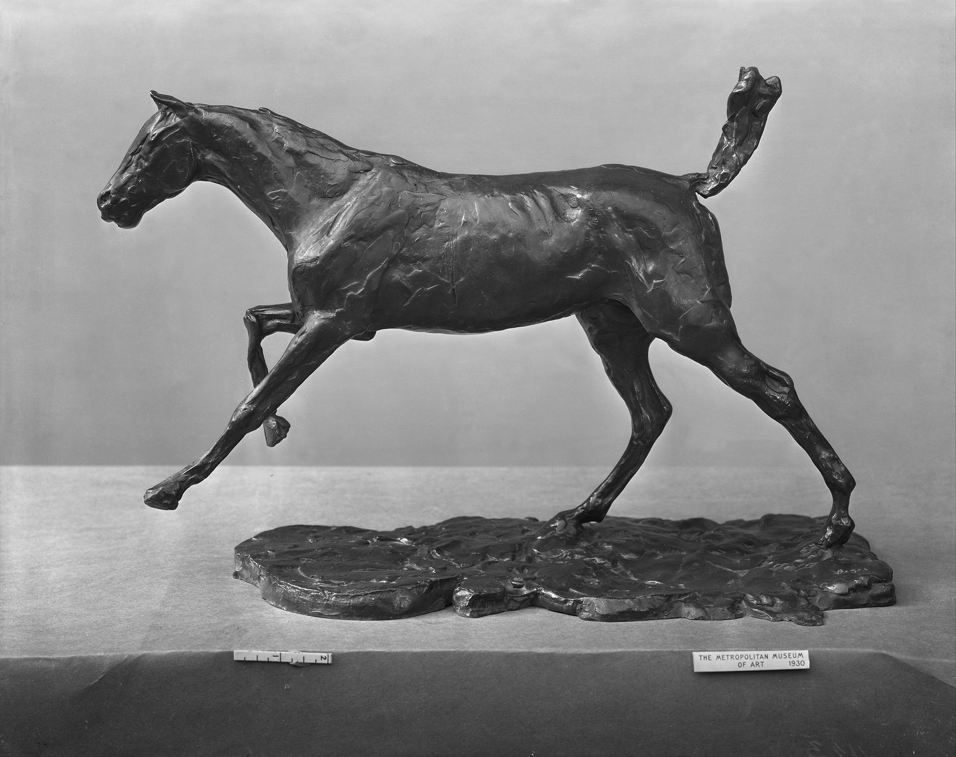 A bronze horse sculpture depicts a galloping motion on a textured base. The setting is neutral, highlighting the dark, realistic details. Edgar Degas "Horse Galloping on Right Foot" is an equine sculpture featured in EquuStyle Art & Travel magazine