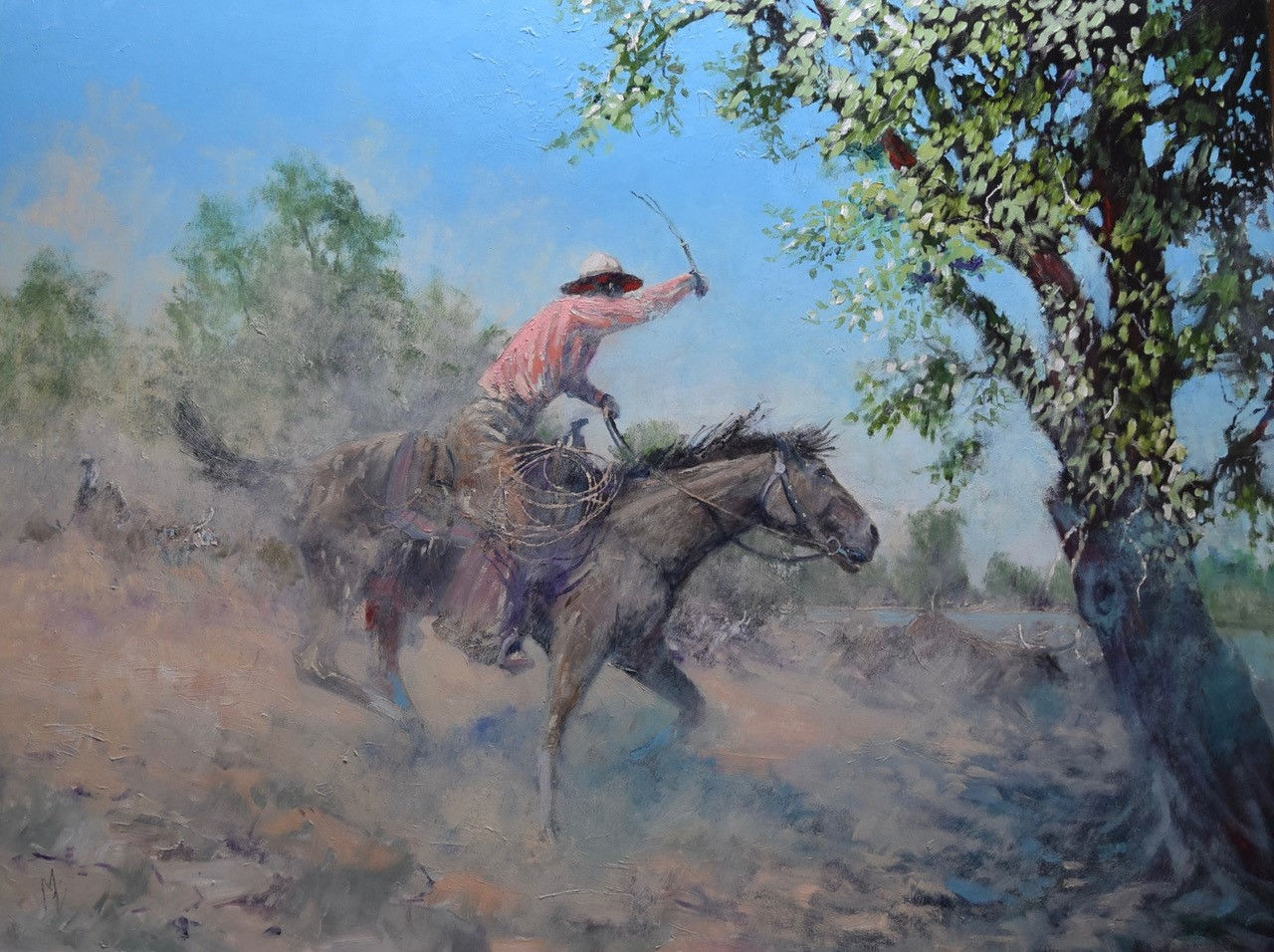 Crossing at Red River Station by Michael Ome Untiedt is a 30 x 40 oil on canvas of a cowboy herding cattle across the water as featured in the Premier Winter 2023 issue of EquuStyle Art & Travel Magazine at equustyle.com