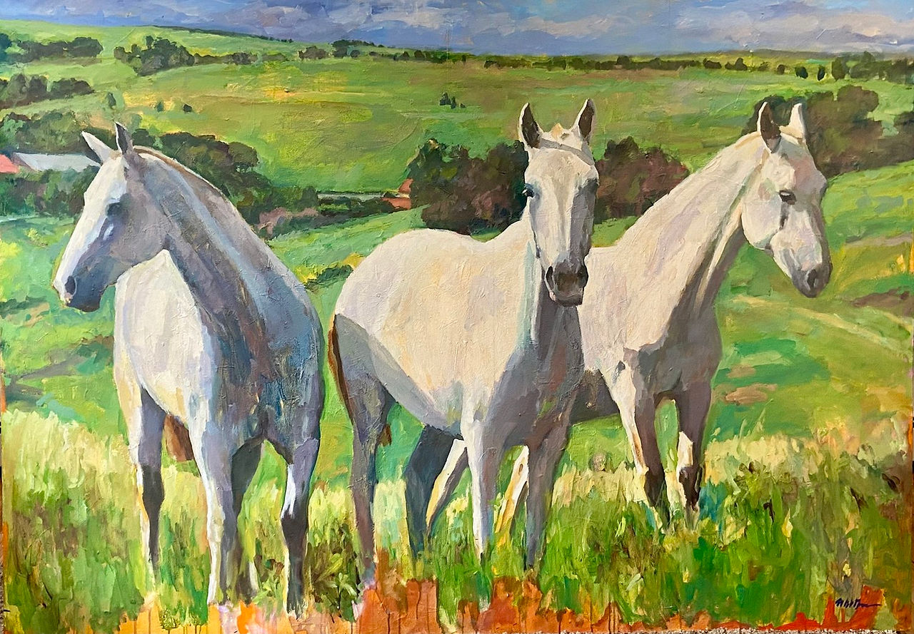 Three Graces 58" x 82" Oil on canvas of three white horses standing in a green pasture by fine artist William "Bill" St. George