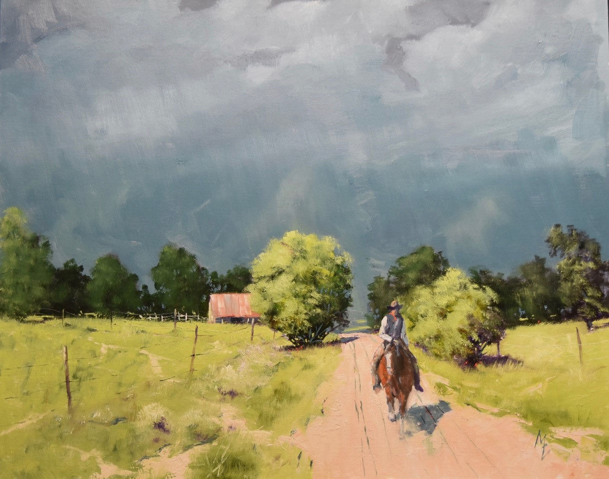 An oil painting of a rider and horse traveling down a dirt road with an impending storm in the distance by Master American painter Michael Ome Untiedt.