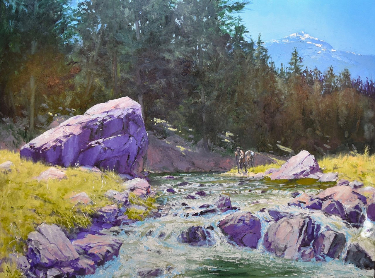 A 36 x 48 oil on canvas painting by Michael Ome Untiedt of a man and his horse at the edge of a river with large boulders and bright sunlight. Michael Ome Untiedt, master painter of the American West is featured in the Premiere Winter 2024 issue of EquuStyle Art & Travel Magazine at equustyle.com