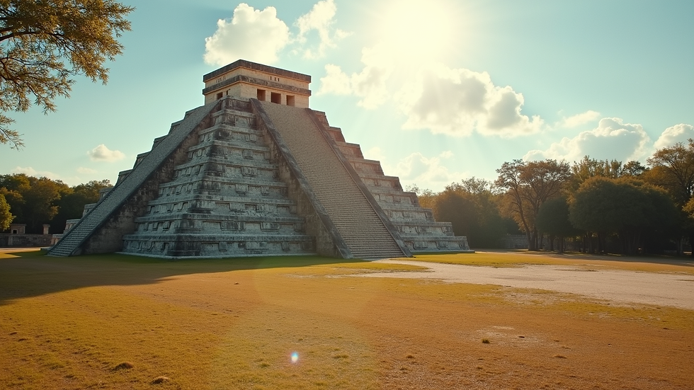Primer plano de una pirámide maya en Chichén Itzá bajo el sol