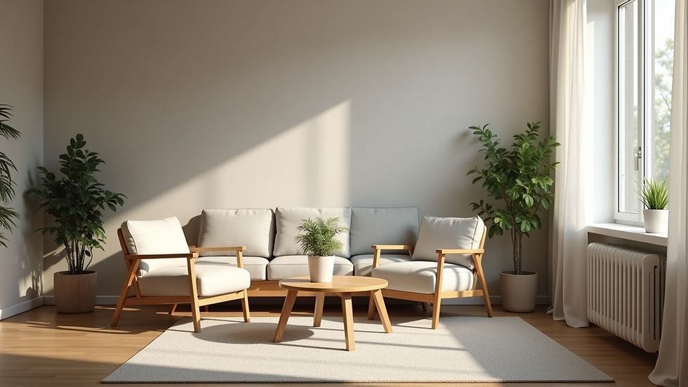 Eye-level view of a serene counseling room with comfortable seating