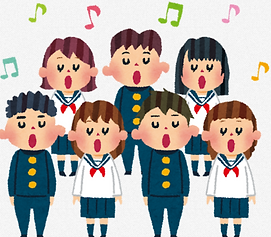 音符が浮かぶ中、男女の学生6人が目を閉じて合唱しているイラスト。紺の制服と白いセーラー服、明るく楽しい雰囲気。