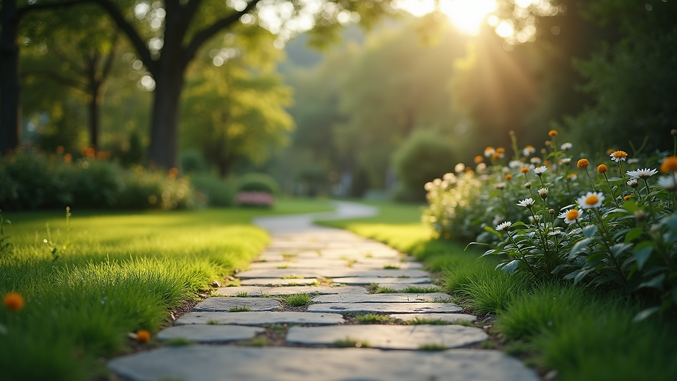 Eye-level view of a serene garden with a stone pathway