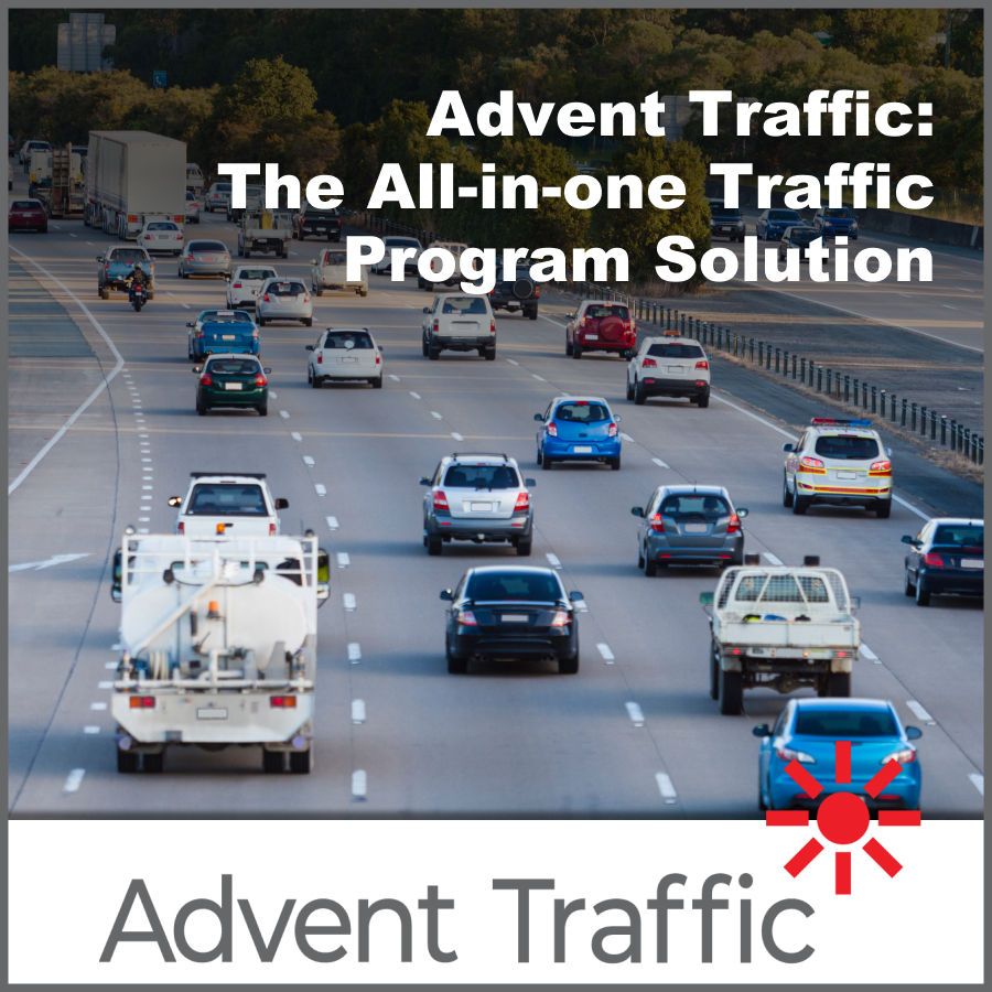 Cars on a highway in traffic. Text: "Advent Traffic: The All-in-one Traffic Program Solution." Trees in the background.