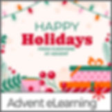 Festive greeting card with "Happy Holidays from Everyone at Advent" text. Features colorful lights, gift boxes, and a cozy mug. Mood is cheerful.