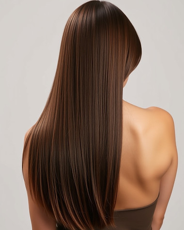 gorgeous model 30s with long thick smooth hair - studio shot from behind with model lookin