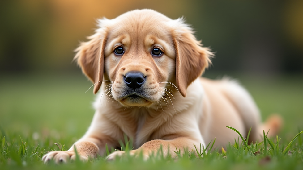 Close-up view of a golden retriever puppy sitting on grass