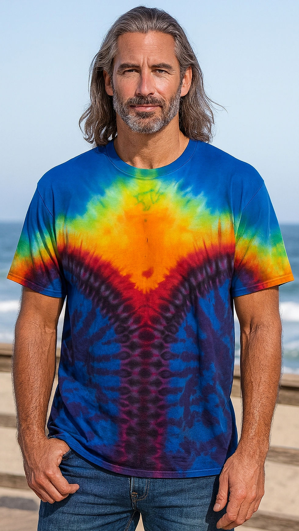 Rainbow Zipper Tie Dye Crewneck Tee on a male model