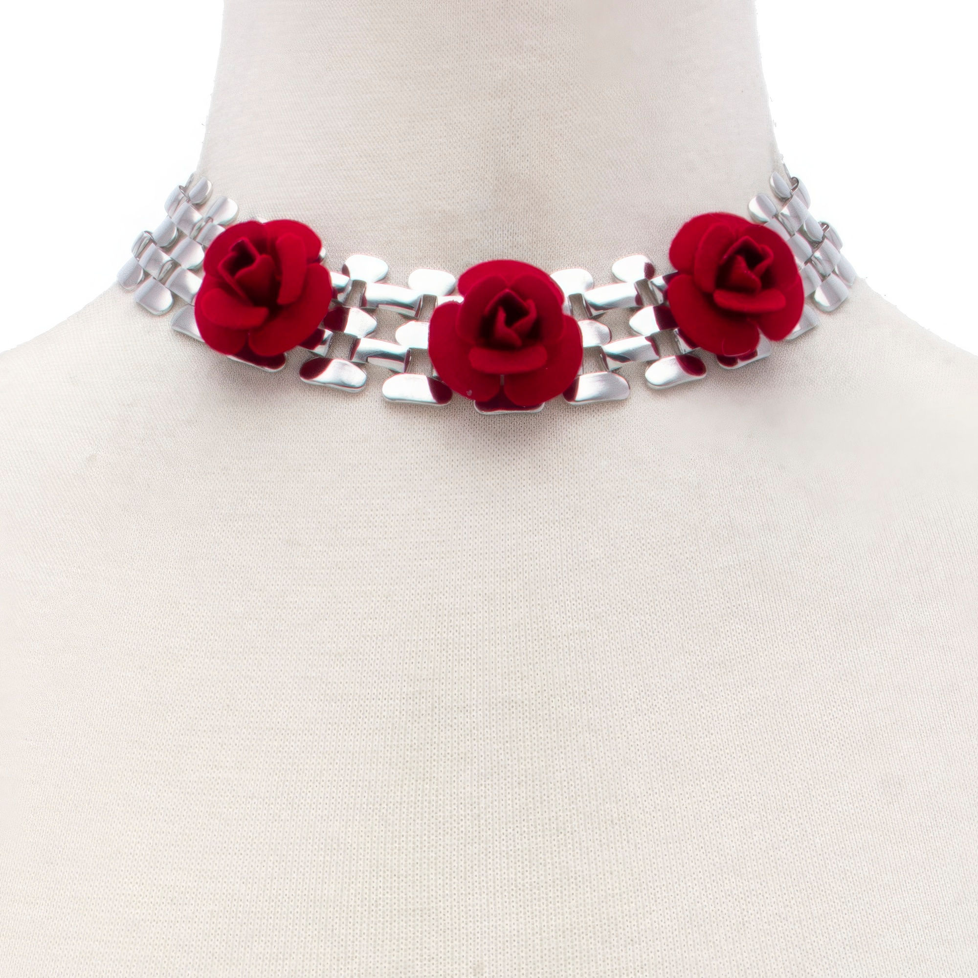 3 LAYER SILVER NECKLACE WITH 3 OPENED RED ROSES FINGER LENGTH APART
