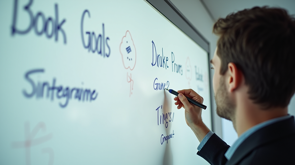 Eye-level view of a person writing goals on a whiteboard