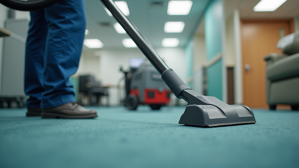 High angle view of a commercial cleaner vacuuming an office carpet