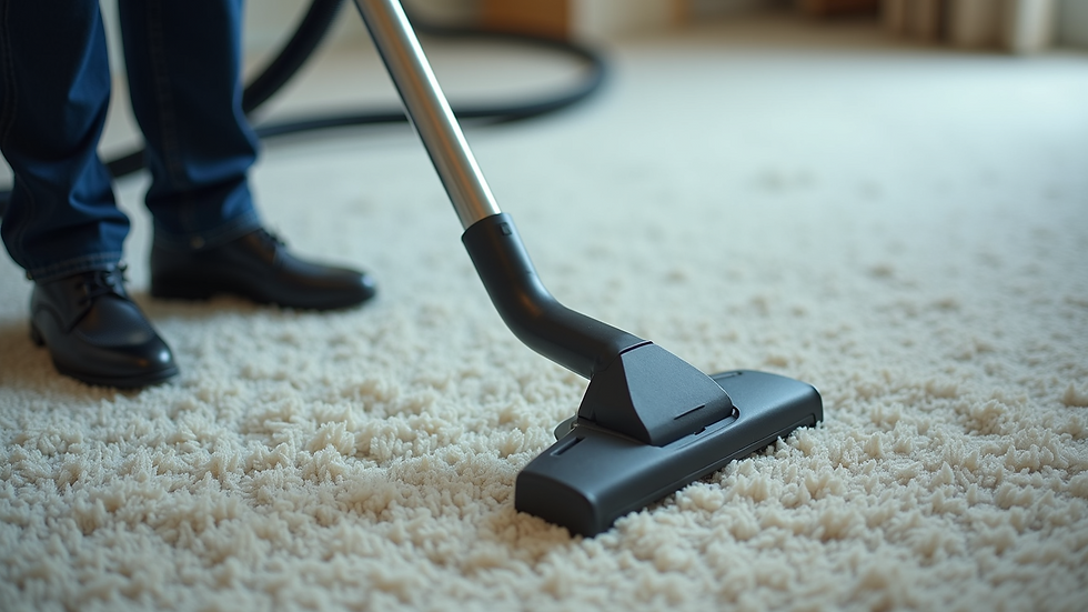 High angle view of a professional cleaner vacuuming a carpet