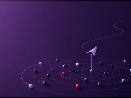 Minimalist abstract illustration showing concentric technology signals converging toward a single decision point on a dark purple background, symbolizing the transition from technology scouting and market intelligence to strategic innovation decision-making.