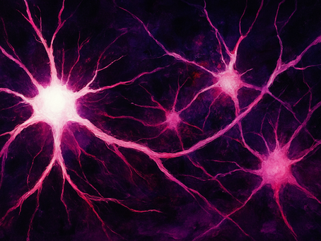 Abstract digital painting of interconnected glowing neurons in shades of purple, pink-red, white, and black — symbolizing the complexity and beauty of science innovation.