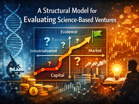 Abstract diagram showing interconnected layers of science, capital, and development stages forming a structural evaluation model.