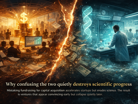 Abstract horizontal illustration showing structured scientific systems distorted by premature capital signals, symbolizing misalignment between fundraising and real scientific progress.