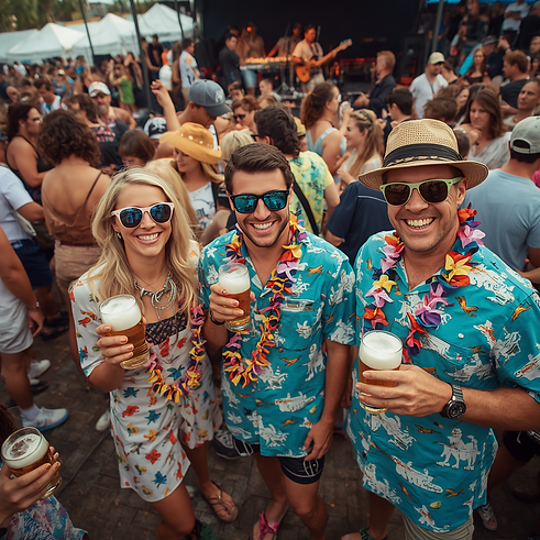 Realistic photo of a crowd of people dressed in beach theme costumes sampling beers, smili