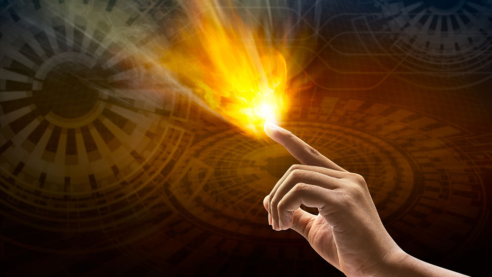 mano che dal dito esce fuoco sullo sfondo cerchi di meccanismi orologio