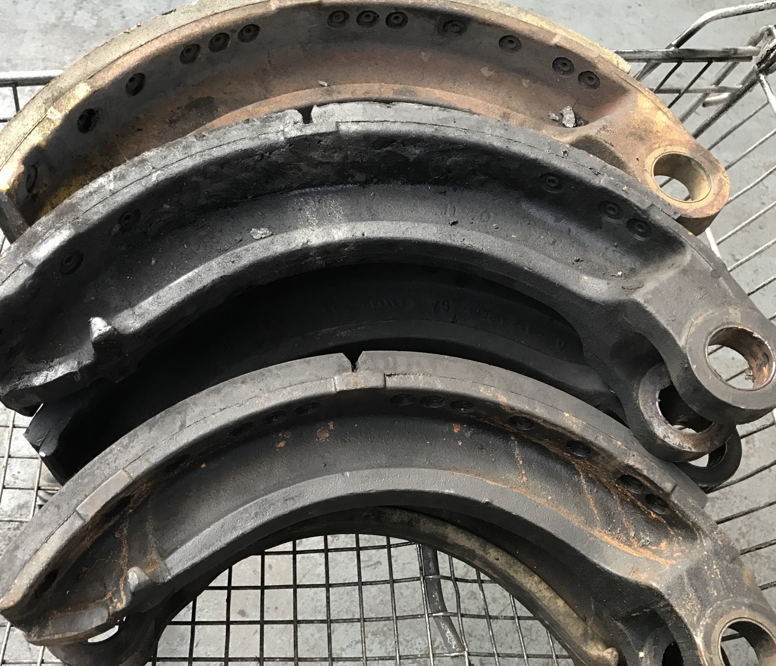 Large brake shoes being relined