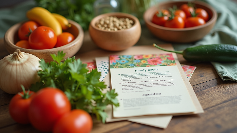 Eye-level view of a colorful meal kit with fresh ingredients and recipe cards