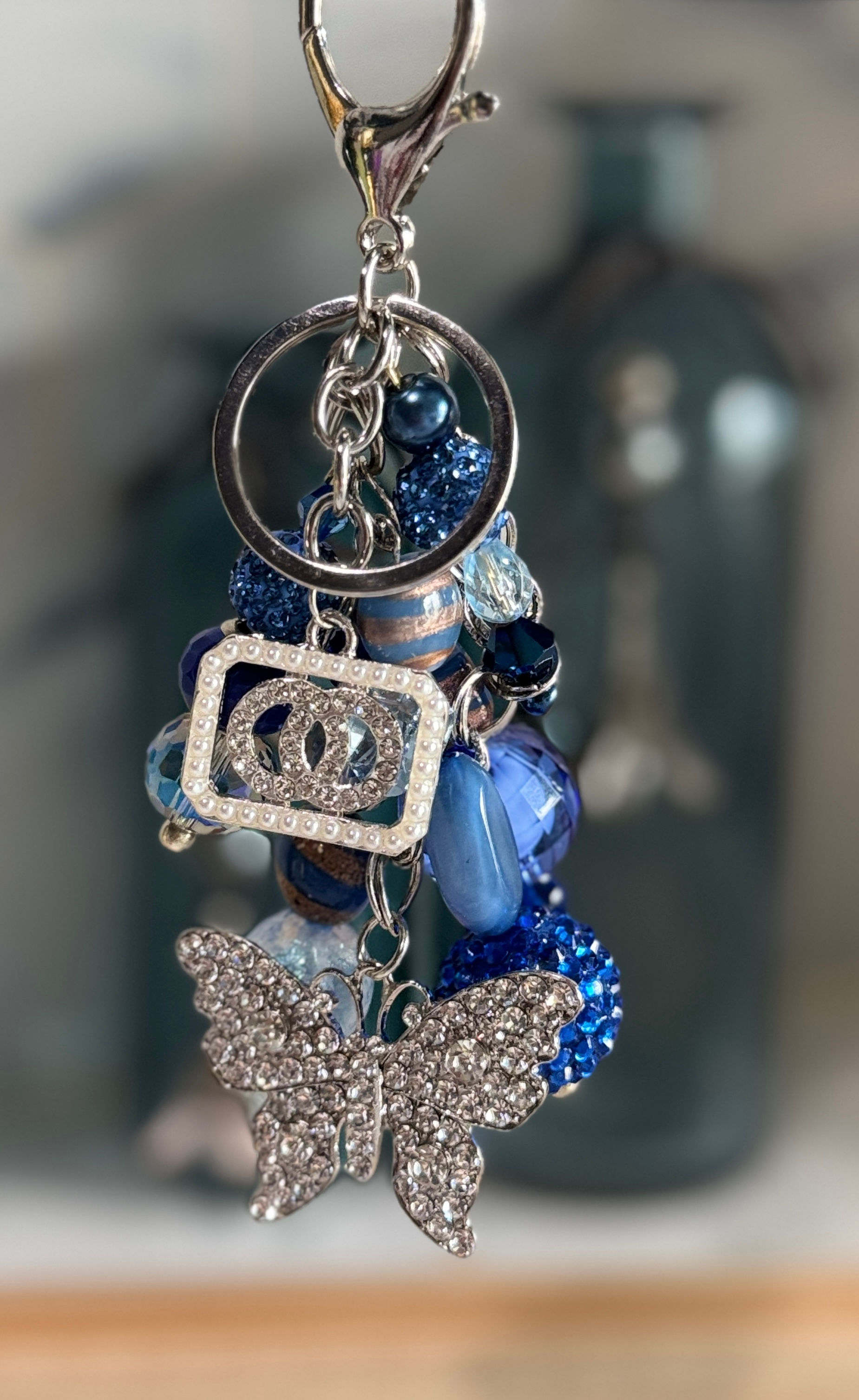 Blue Silver Butterfly Bag Charm / Key Charm