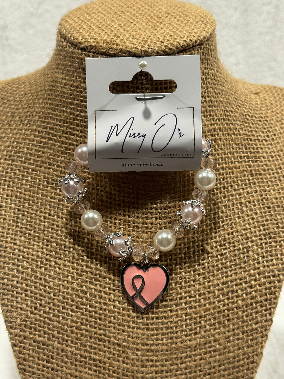 White silver bracelet w/ pink heart BREAST CANCER AWARENESS