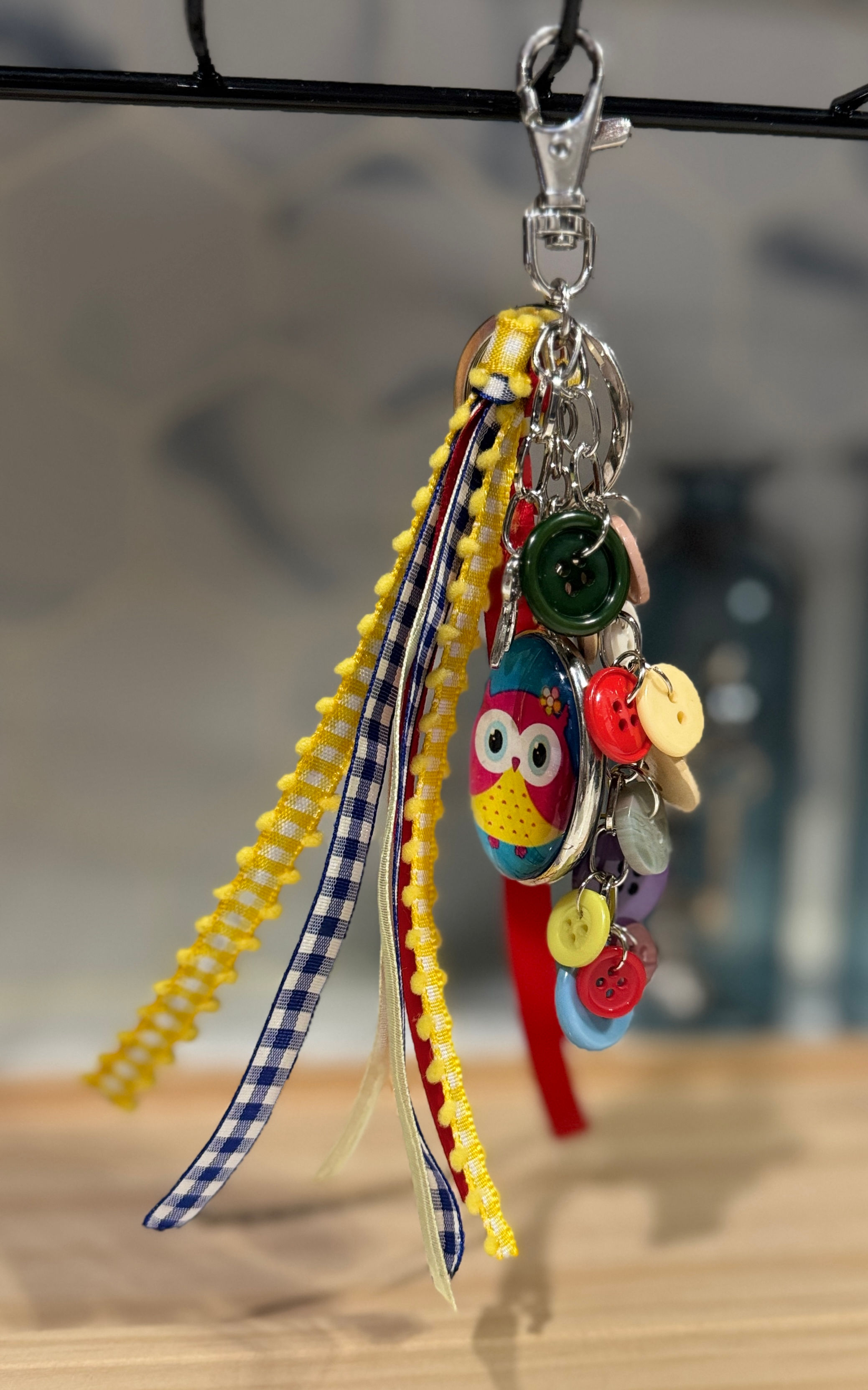 Yellow Red Button Bag Charm / Key Charm