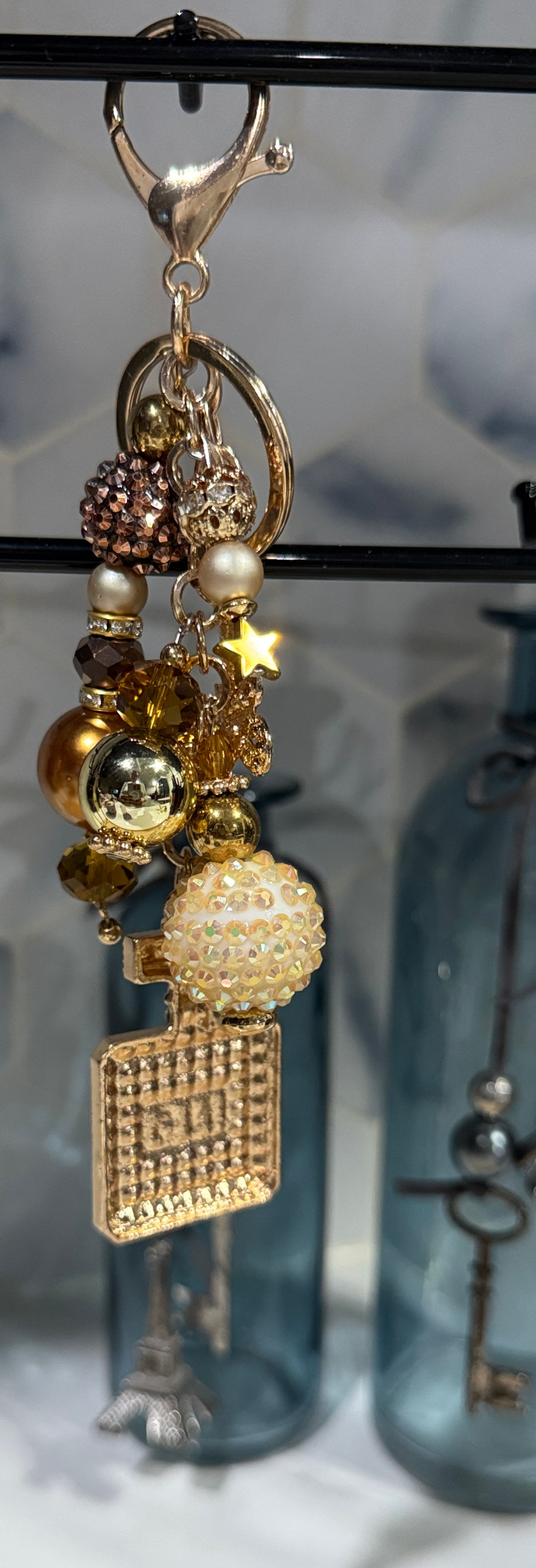 Gold Brown Perfume Bottle Bag Charm / Key Charm