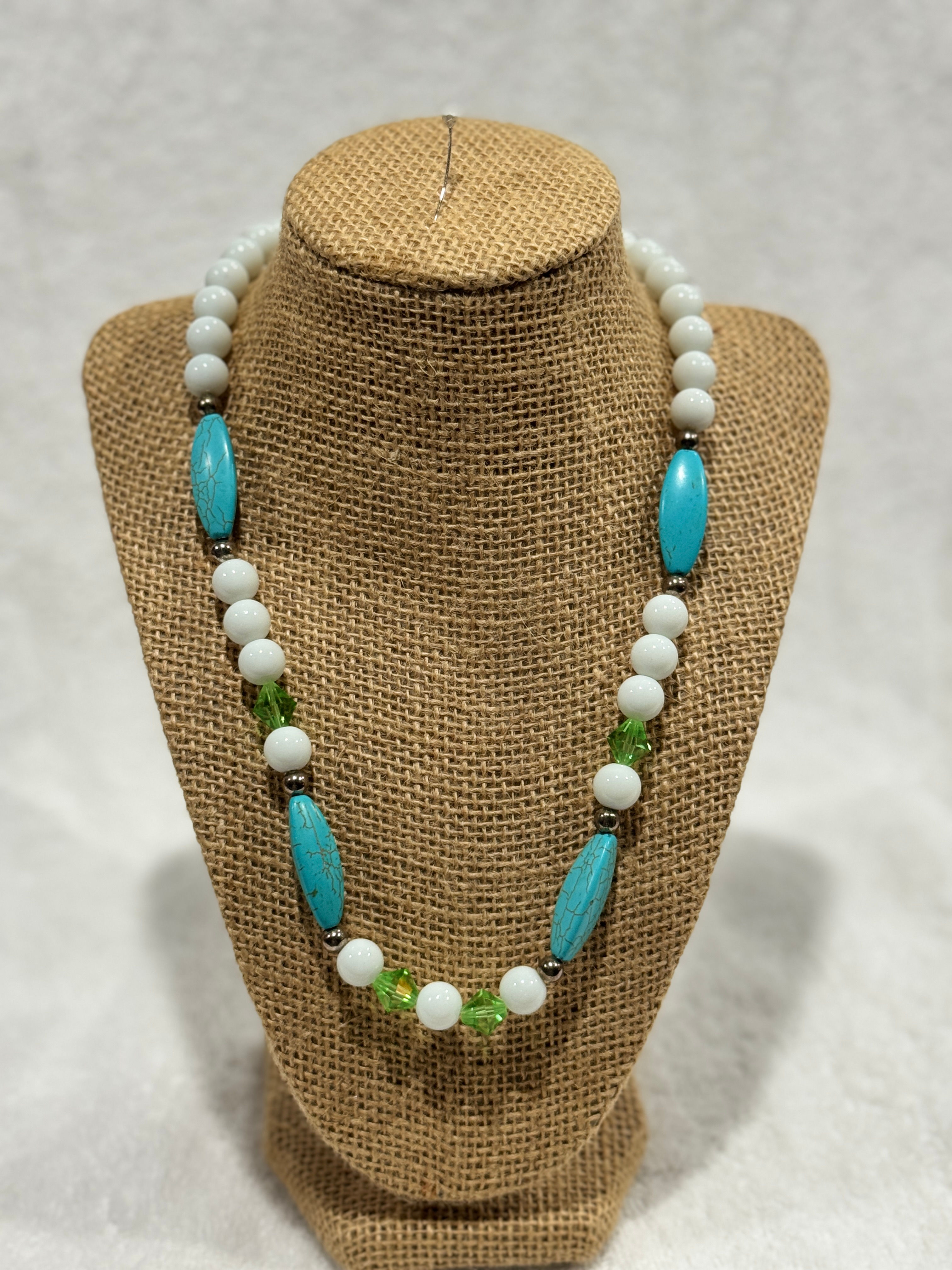 White necklace w/ turquoise & light green