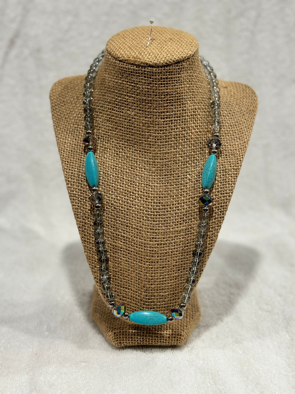 Clear grey-black necklace w/ turquoise & shimmery crystals