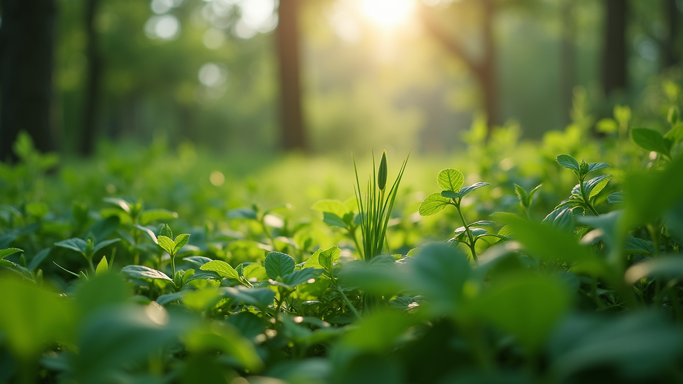 Eye-level view of a lush green garden with various plants