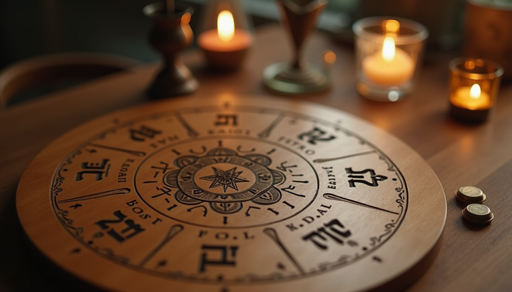 Vista a nivel de ojo de una mesa radiónica con símbolos energéticos y péndulo hebreo