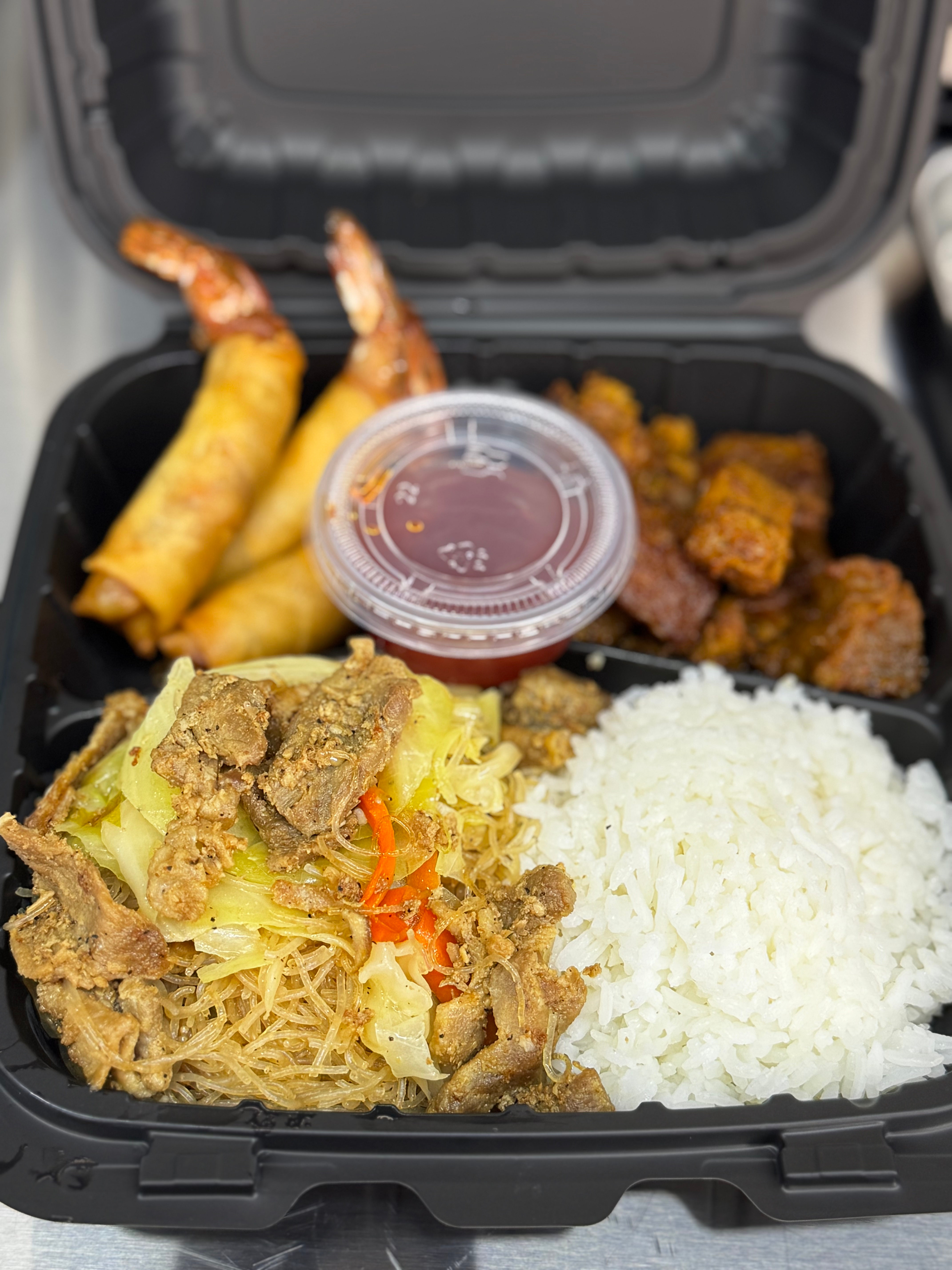 #103 Combo — Pancit, Shrimp Lumpia (3 pcs), Adobo, Rice — $14.99