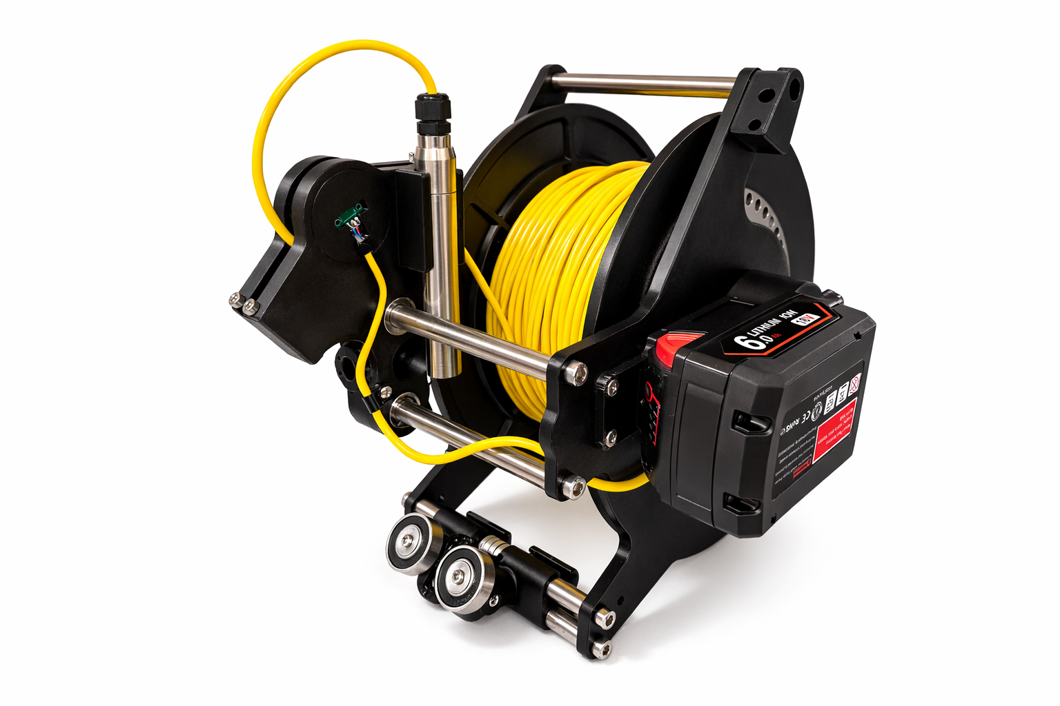 Reach Series Max cable reel with yellow cable and sensor