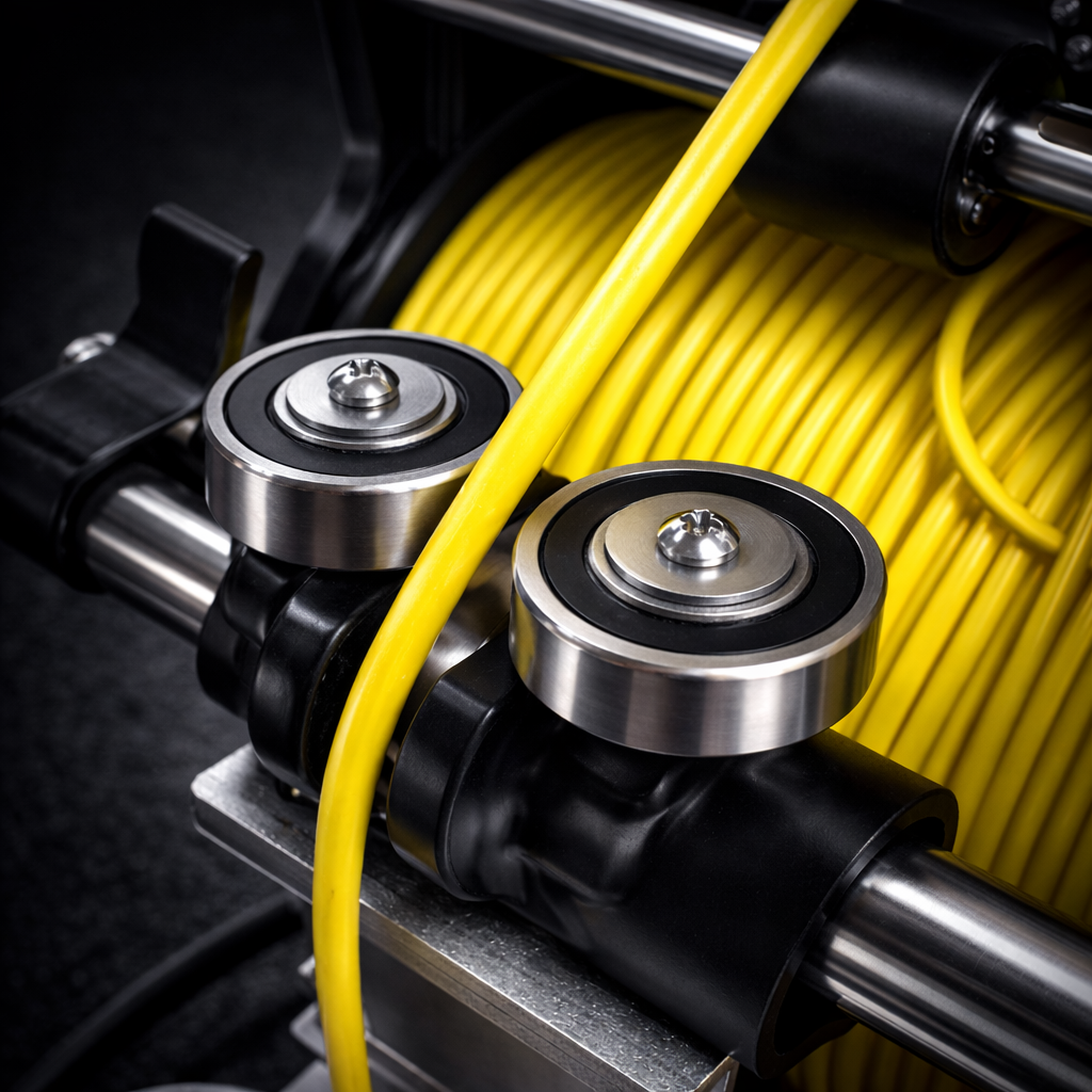 Yellow cable feeding through metal rollers