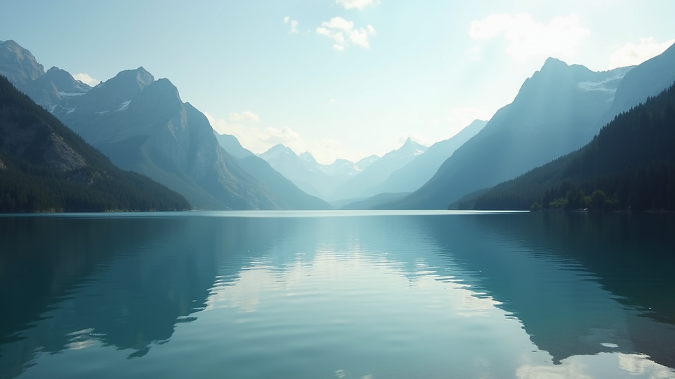 Close-up view of a serene landscape with a calm lake and mountains