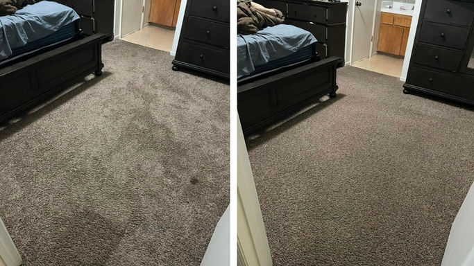Master bedroom carpet cleaning in Fresno by Green Machine Carpet Clean showing clean, soft, and fast drying carpet.
