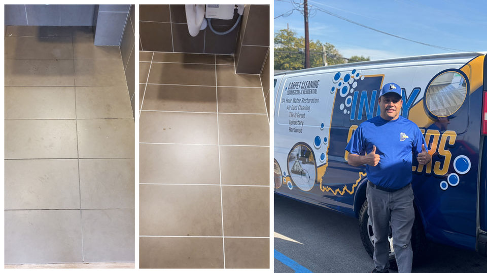 Before and after tile grout color restoration in Indianapolis by Indysteamers.