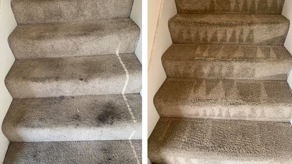 Before and after staircase carpet deep cleaning in Indianapolis by Indysteamers.