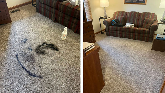 Before and after carpet stain removal and cleaning in Indianapolis by Indysteamers.