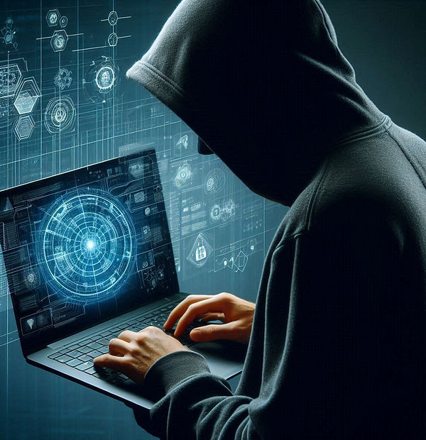 A hacker with his back turned, facing his notebook, with a technological concept to illust