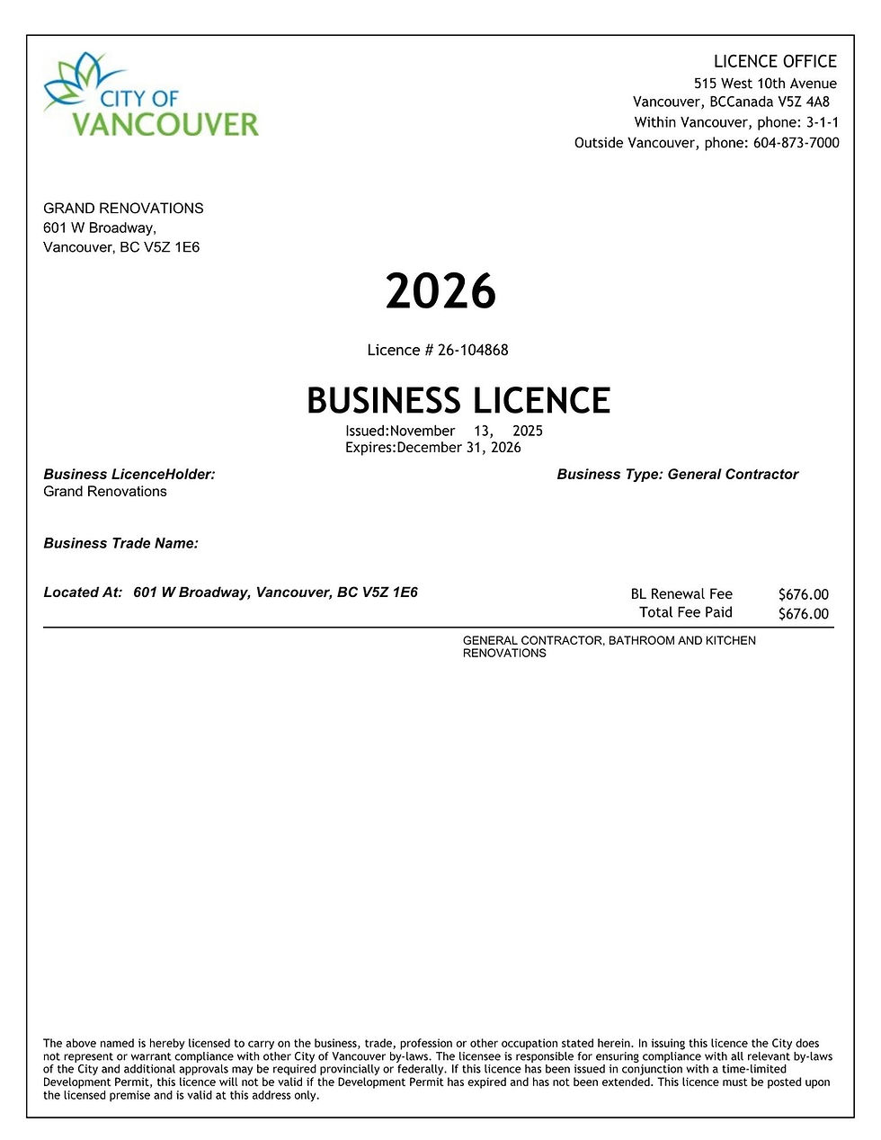 City of Vancouver business licence for Grand Renovations, a general contractor, showing 2026, address, fees, and licence number.
