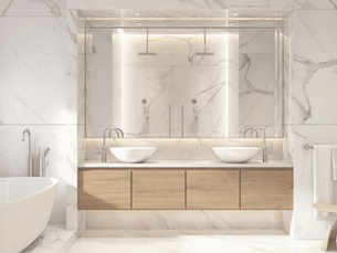 Modern marble bathroom with double sinks, floating vanity, freestanding tub, and dual rain showers.