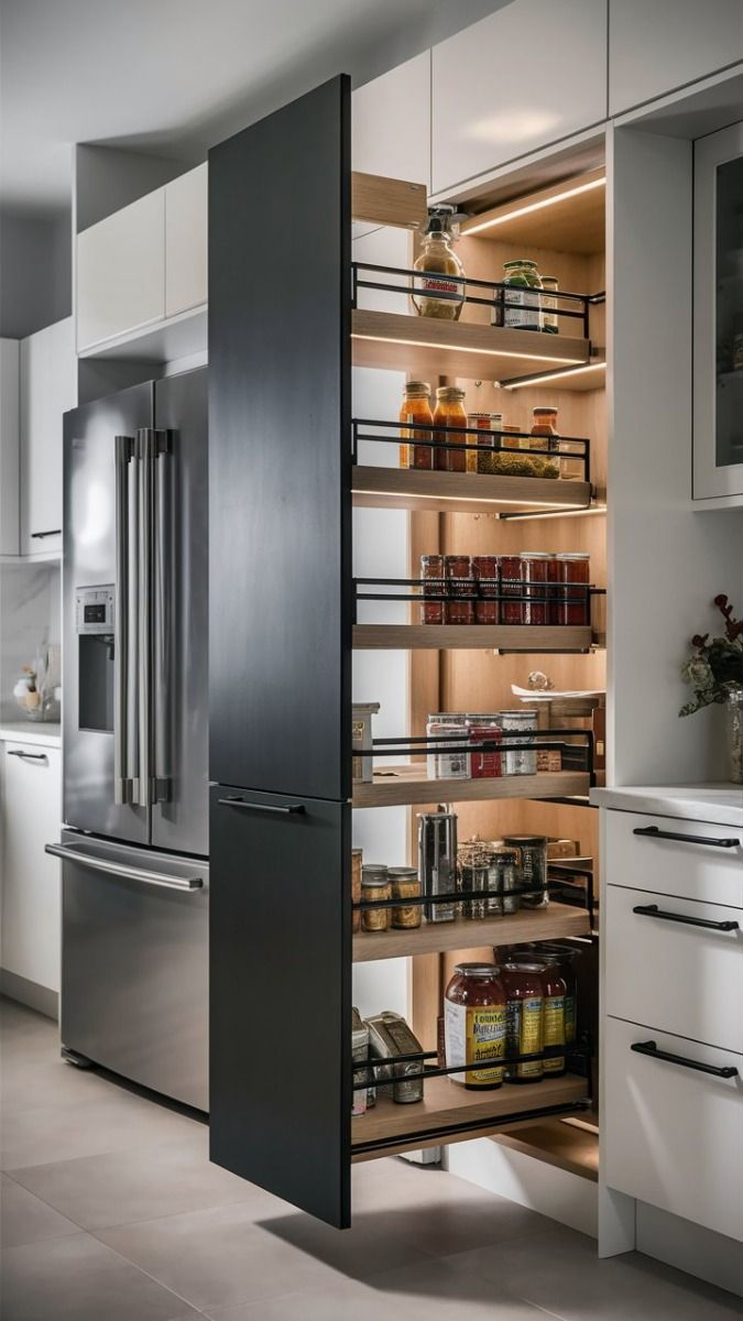 Pull-out kitchen pantry with jars, spices, and bottles organized on shelves. Wooden interior contrasts with sleek black and white cabinetry.