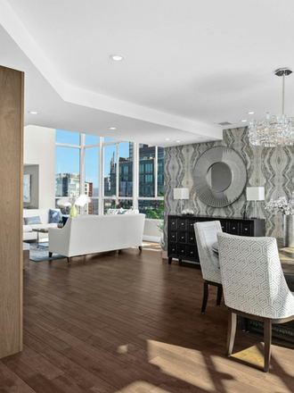 Luxurious Vancouver condo interior with hardwood flooring and city skyline views