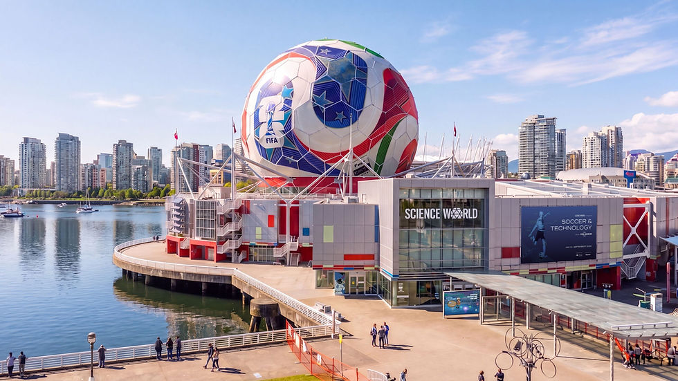 Science World in Vancouver with a giant colorful FIFA soccer ball dome by the water, city skyline behind and people walking.