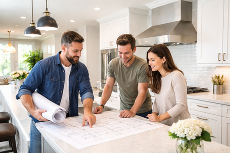 Vancouver kitchen renovation contractors reviewing renovation plans with homeowners in a modern white kitchen