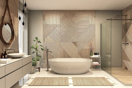 Minimalist bathroom in West Vancouver featuring a floating wood vanity, walk-in glass shower with matte black fixtures, wood-look tile walls, and soft neutral tones for a sleek, modern aesthetic.